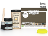 Large black walnut wood finish kit by Retique It® for smooth, multi-purpose woodworking projects, including tools and supplies.