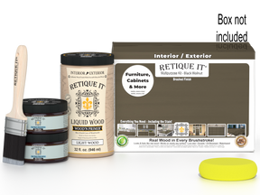 Large black walnut wood finish kit by Retique It® for smooth, multi-purpose woodworking projects, including tools and supplies.