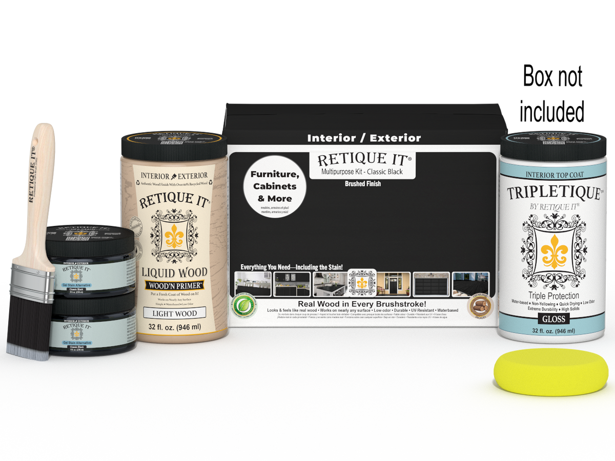 Retique It Multi-purpose Smooth Finish Kit (Large) in classic black for wood interior top coat, includes tools and supplies.