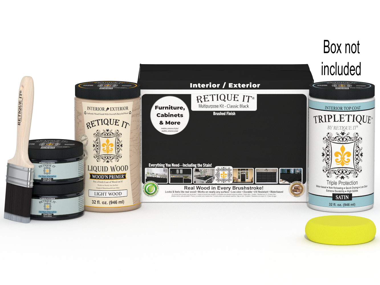 Large Classic Black wood finish kit by Retique It® for interior top coat, includes tools and supplies for smooth application.