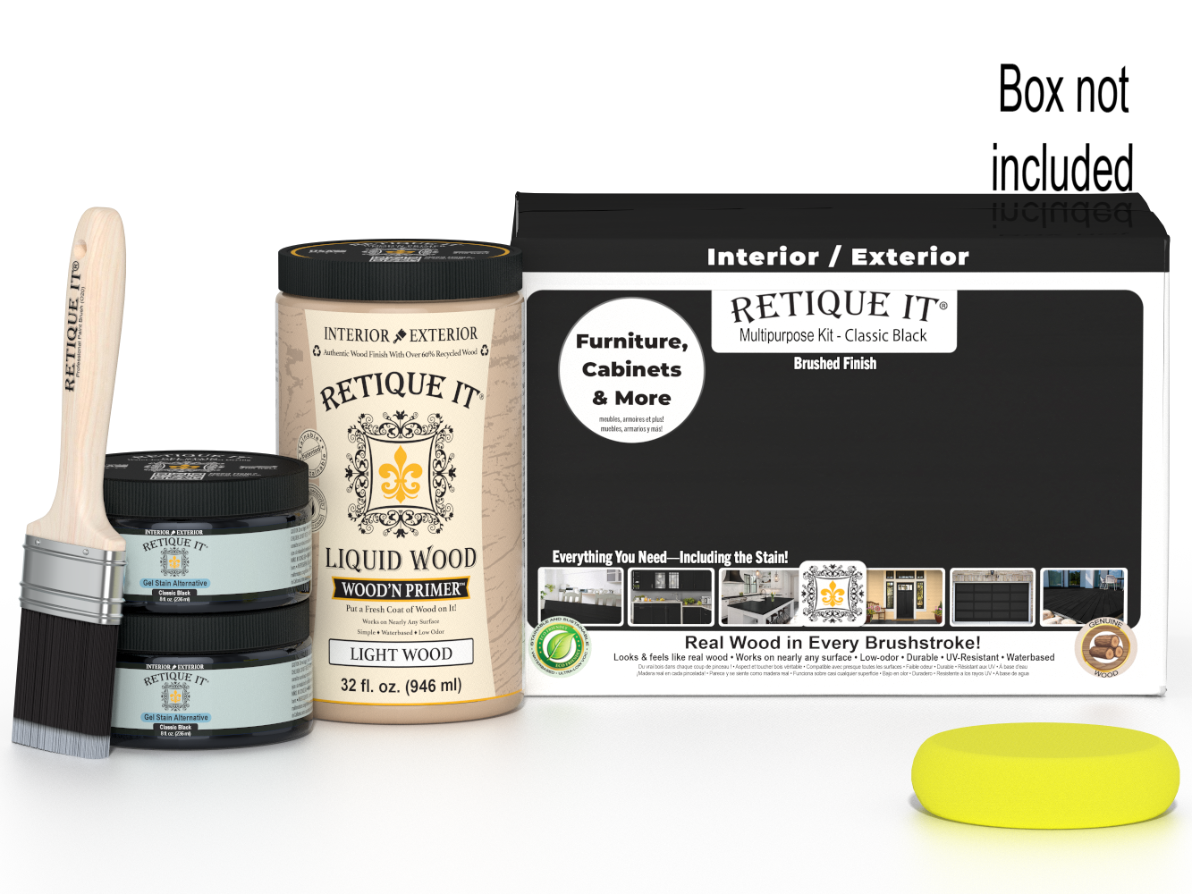 Large black wood finish kit by Retique It® with smooth finish, includes brushes and accessories for versatile wood projects.