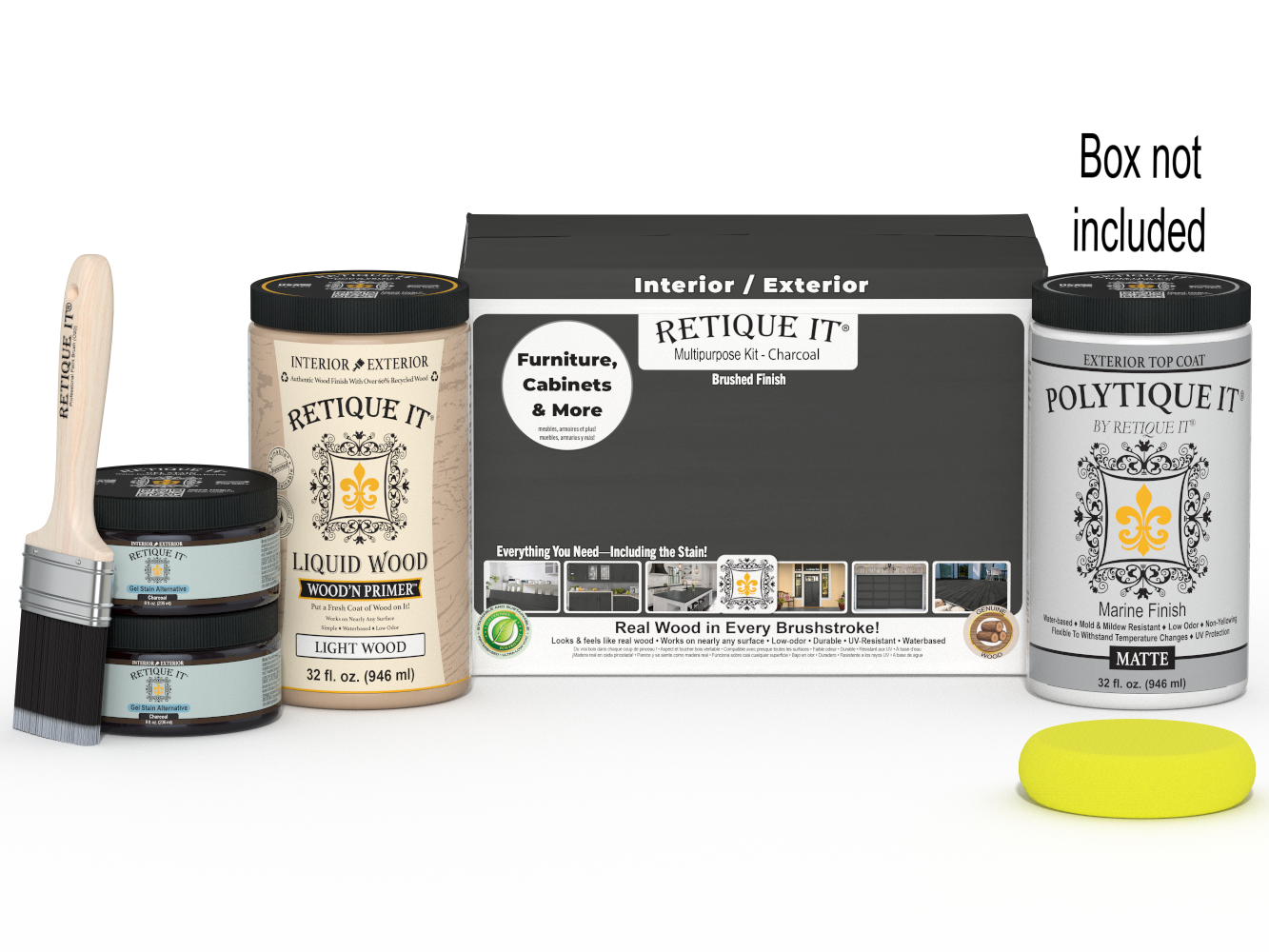 Large charcoal wood exterior top coat from Retique It® Multi-purpose Smooth Finish Kit, shown in open box with application tools.