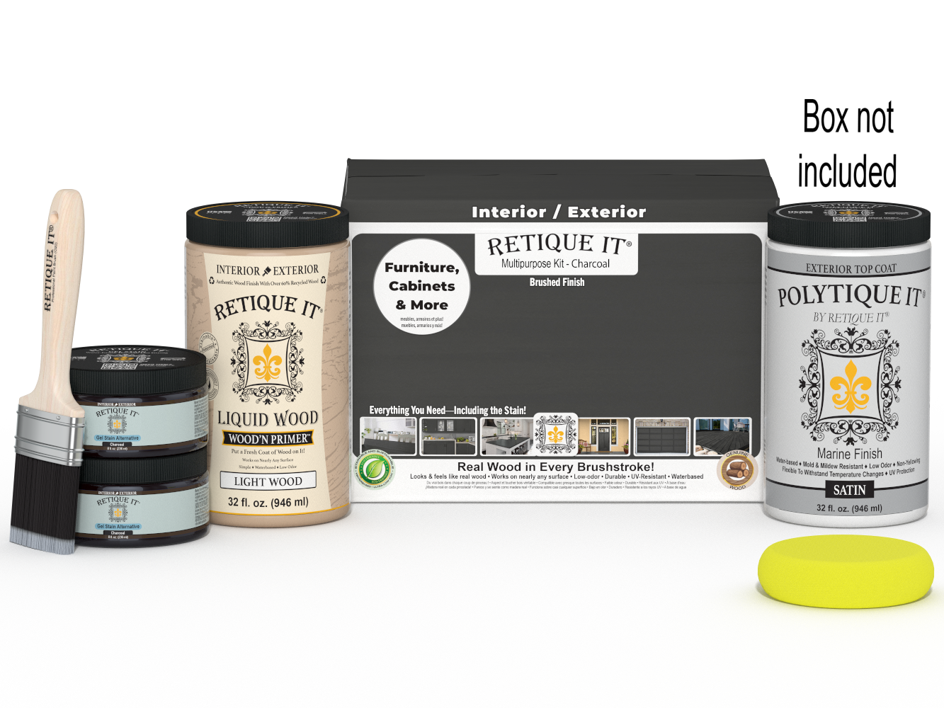 Large charcoal wood finish kit from Retique It® for exterior top coat, including brushes and finish products in a sealed box.