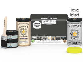 Large charcoal wood finish kit from Retique It® for exterior top coat, including brushes and finish products in a sealed box.