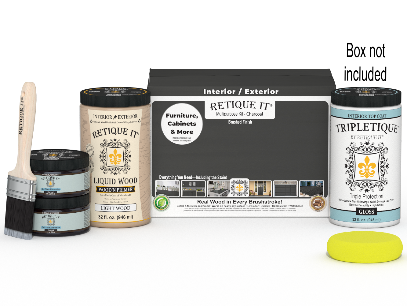 Retique It® large charcoal multi-purpose finish kit for wood interiors, featuring smooth top coat and application tools.