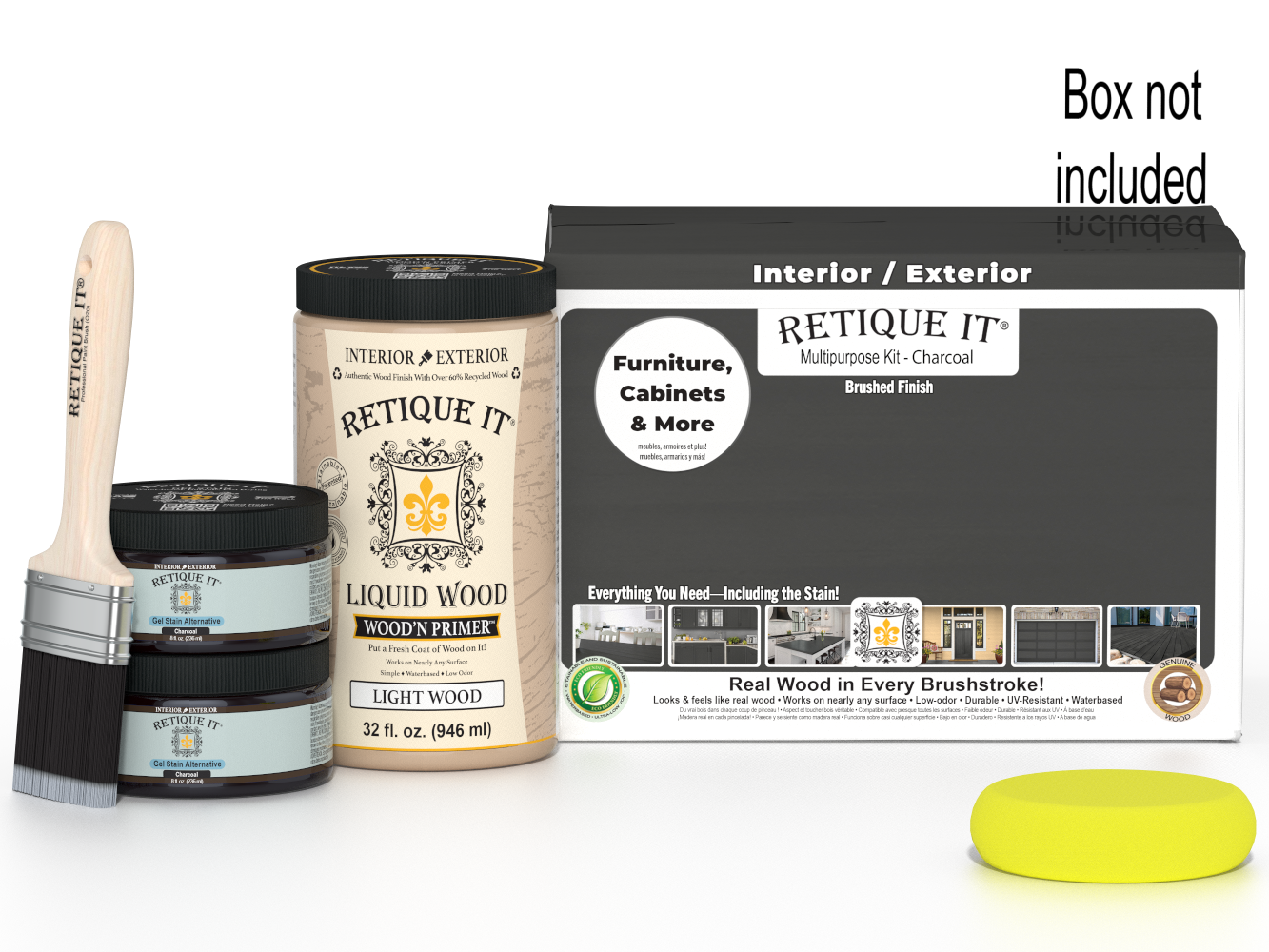 Large Charcoal Wood'n Finish Kit by Retique It® includes tools for smooth finishing on wood surfaces.