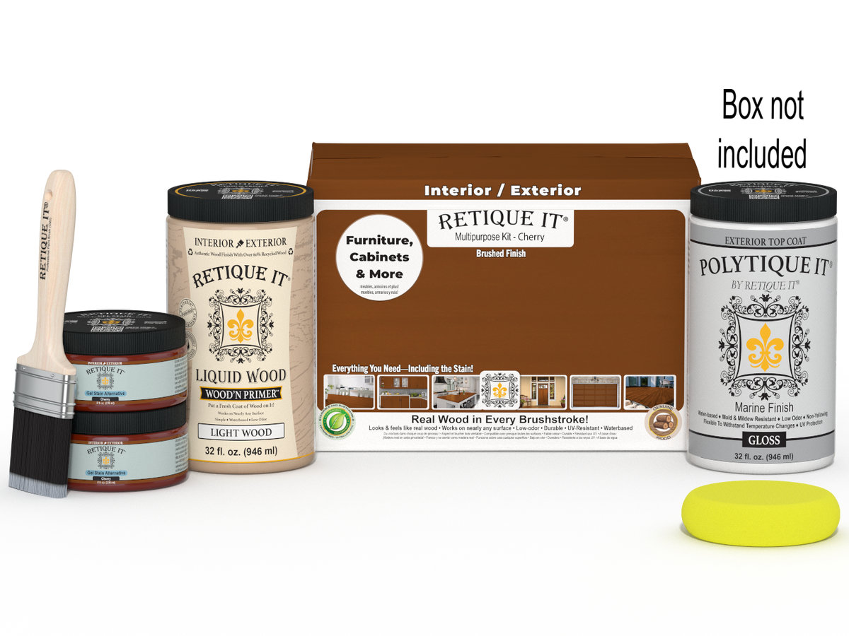 Large Cherry wood finish kit by Retique It with exterior top coat in gloss, includes brushes and supplies for smooth finish application.