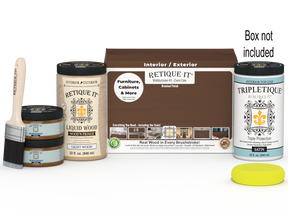 Large Dark Oak wood finish kit by Retique It® with interior top coat and tools for smooth wood surface application.