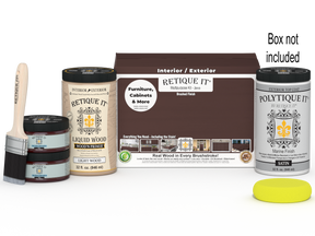 Retique It® Multi-purpose Smooth Finish Kit (Large) in Java with wood top coat and applicator brush for exterior wood projects.
