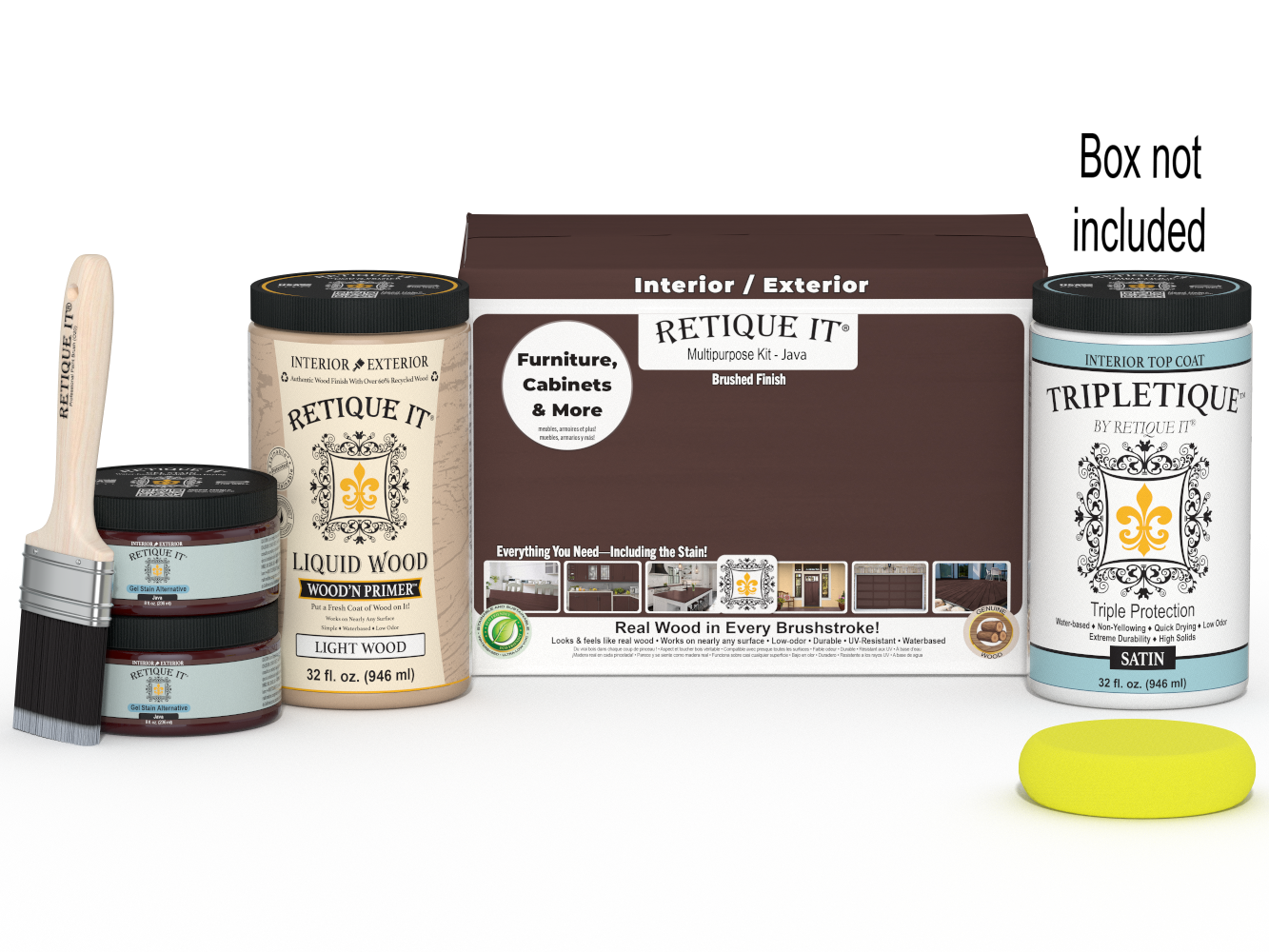 Retique It® Multi-purpose Smooth Finish Kit (Large) in Java for interior wood top coating, includes application tools and finish components.