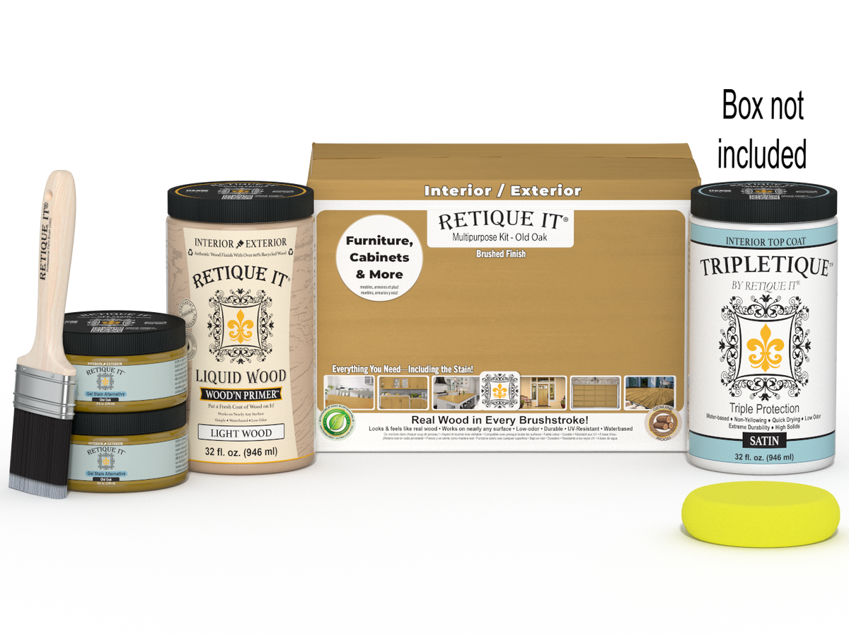 Retique It Large Multi-purpose Smooth Finish Kit in Old Oak for interior wood projects, includes top coat and application tools.