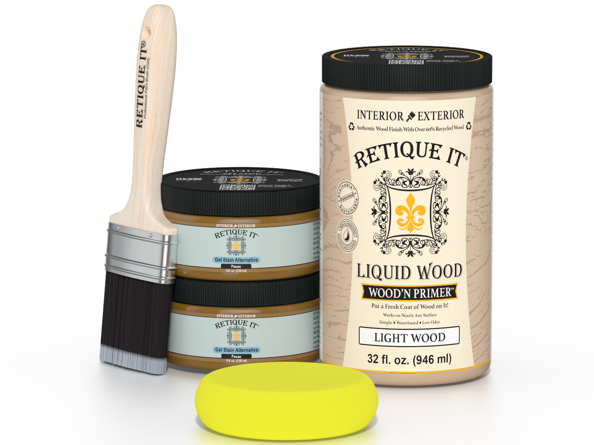 Retique It Multi-purpose Smooth Finish Kit (Large) in Pecan wood finish, shown with application tools on a wood surface.