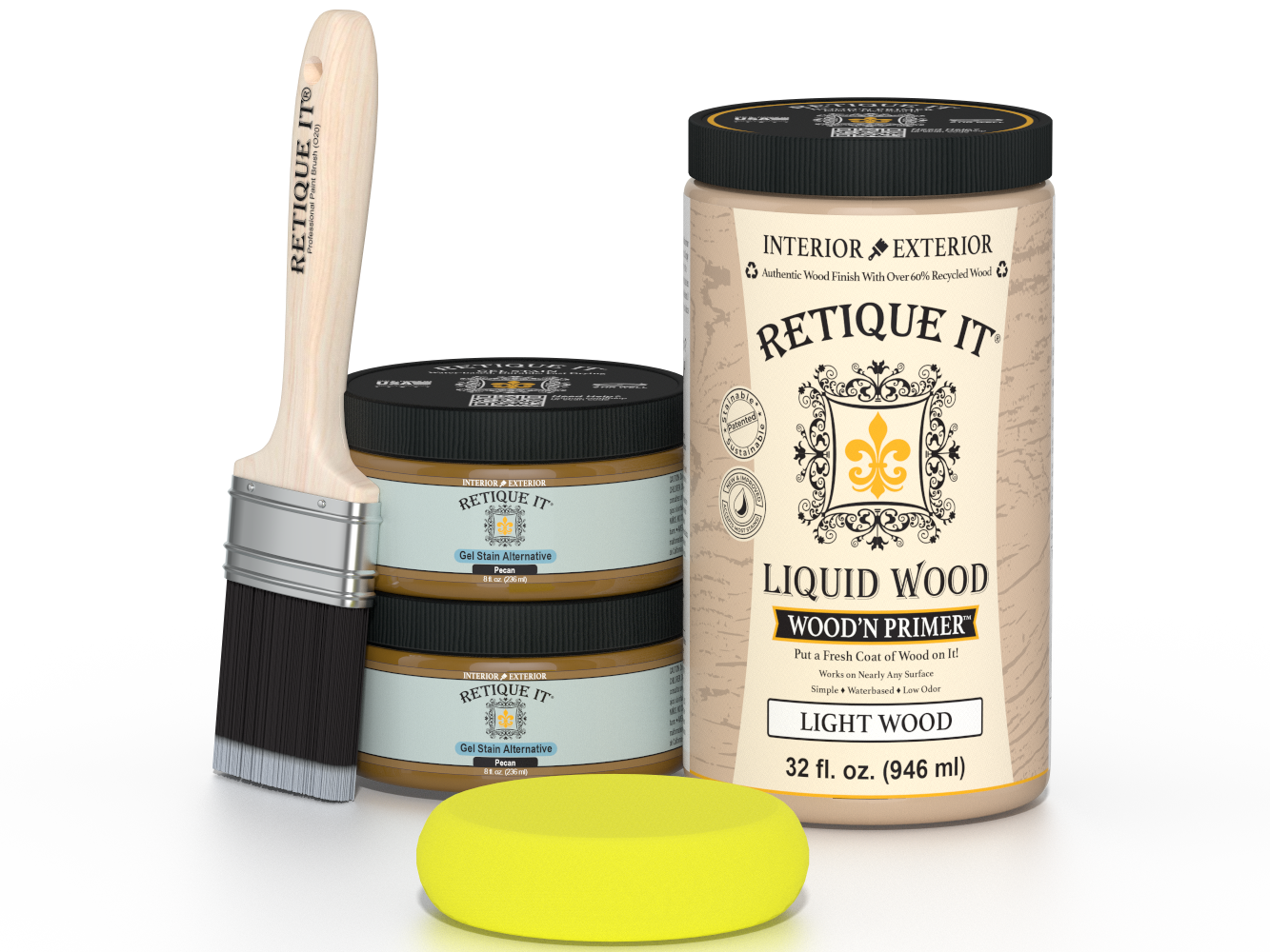 Retique It® Multi-purpose Smooth Finish Kit (Large) in Pecan wood finish, shown with application tools on a wood surface.