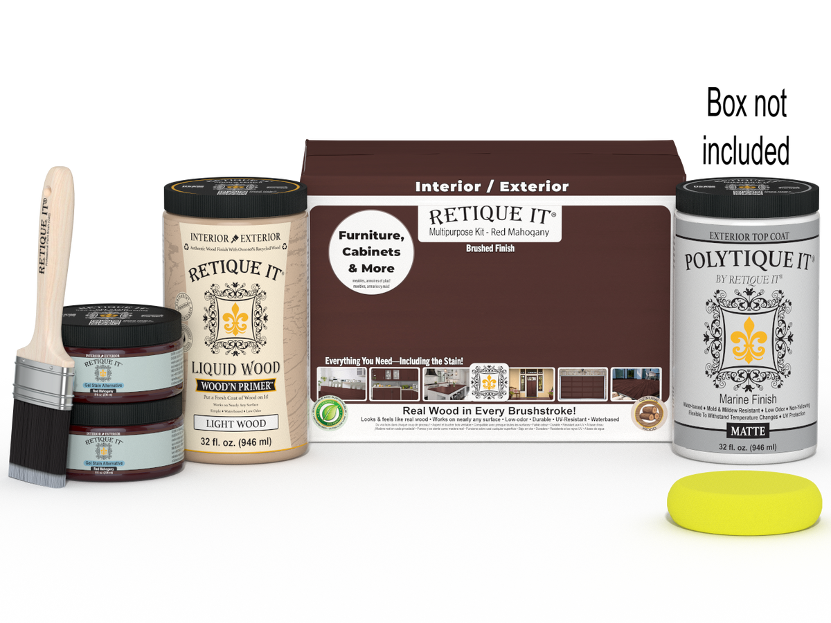 Retique It® Multi-purpose Smooth Finish Kit (Large) in Red Mahogany for exterior wood top coating, including tools and materials.