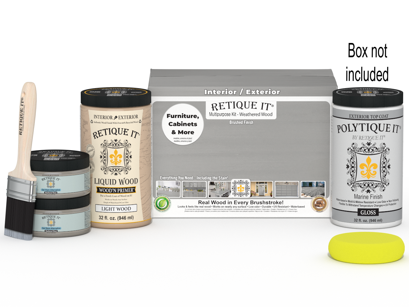 Large Weathered Wood Multi-purpose Smooth Finish Kit by Retique It® for exterior top coating, includes brushes and finishing tools.