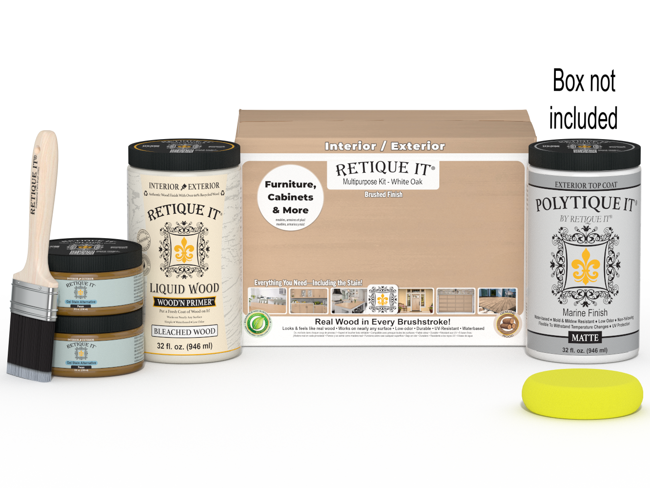 Retique It® White Oak large multi-purpose smooth finish kit with exterior top coat in matte, including brushes and application tools.