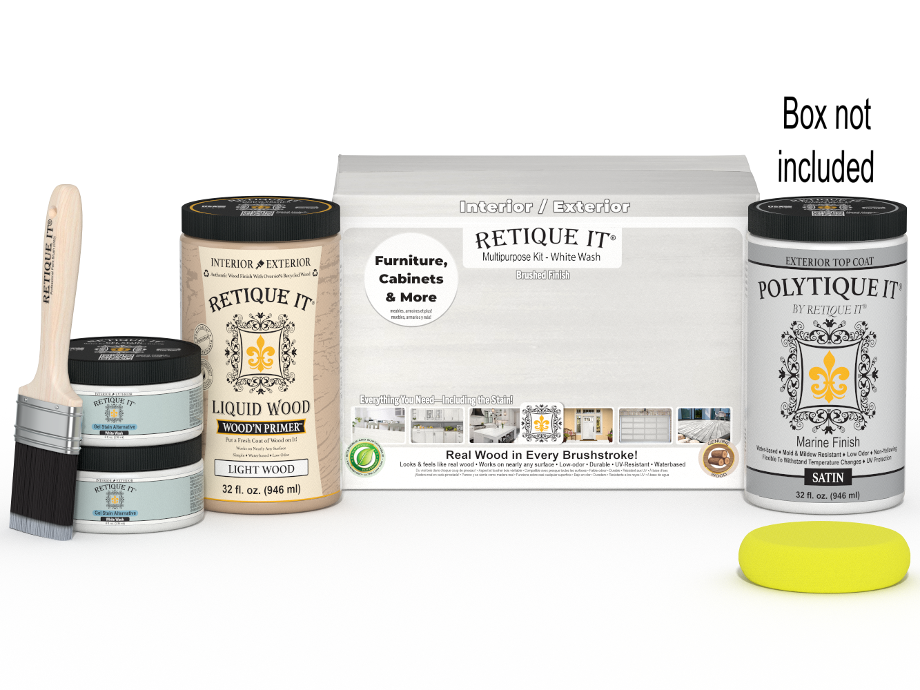 Large white wash exterior wood finish kit from Retique It® with smooth finish, includes top coat and application tools.