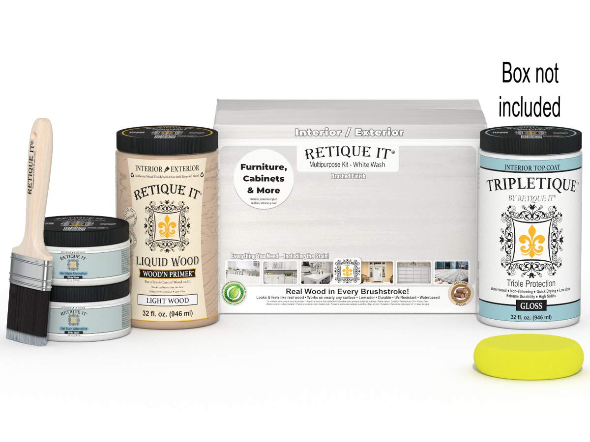 Large white wash interior wood finish kit from Retique It with gloss top coat and smooth finish, includes application tools and materials.