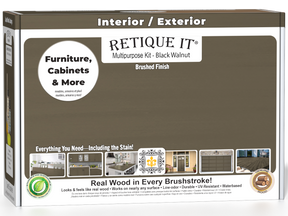 Retique It® Black Walnut Multi-purpose Smooth Finish Kit with wood stain and finishing supplies, in a compact box.