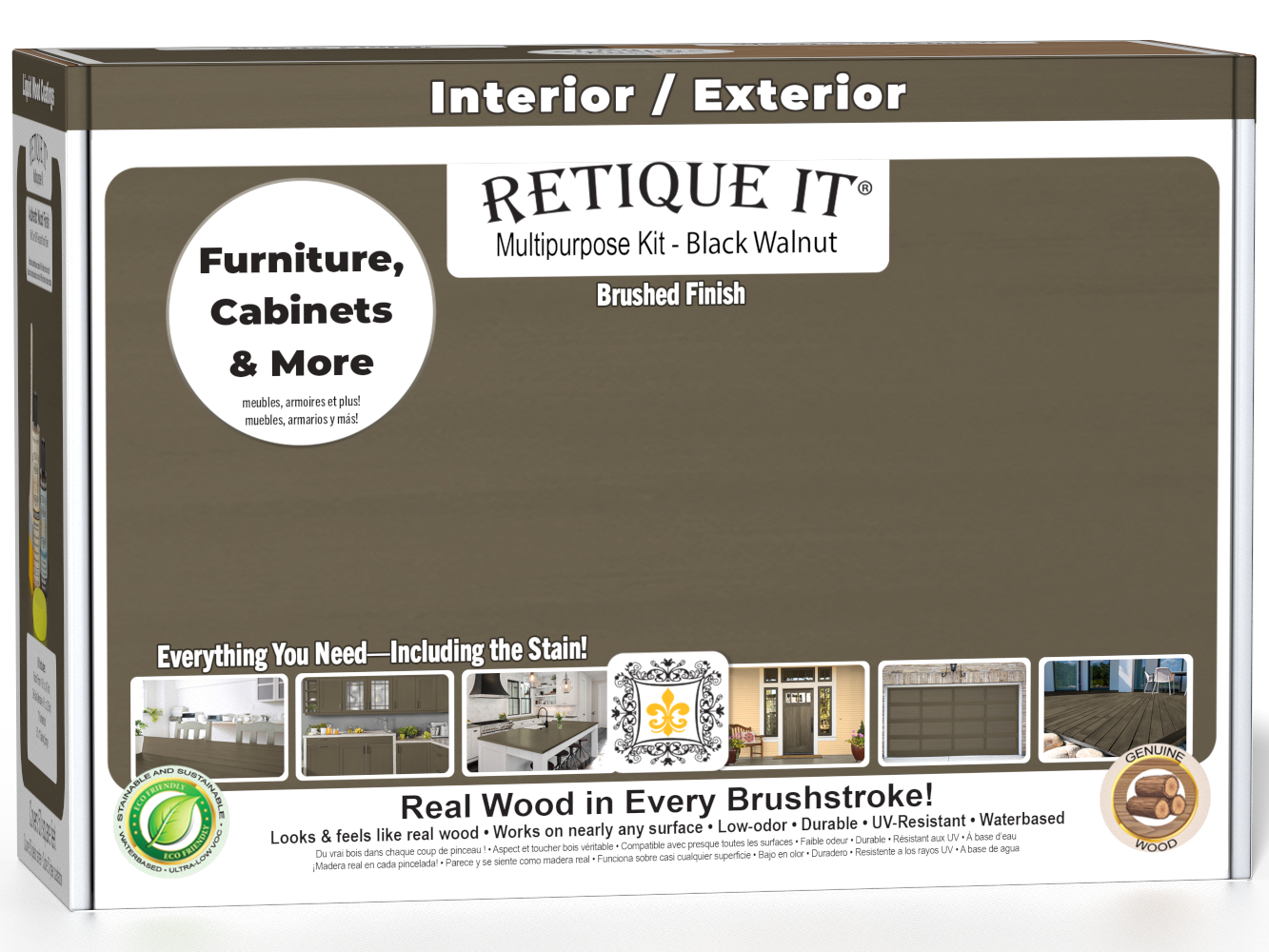 Retique It® Black Walnut Multi-purpose Smooth Finish Kit for interior wood projects, includes top coat and application tools.
