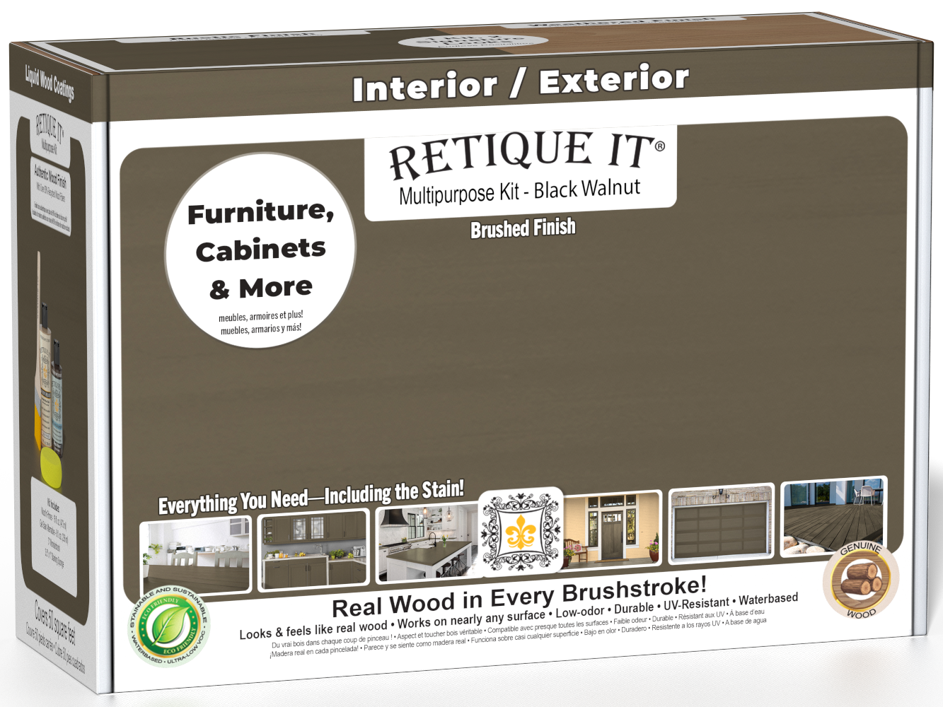 Retique It® Multi-purpose Smooth Finish Kit in Black Walnut for exterior wood, includes top coat and application tools.