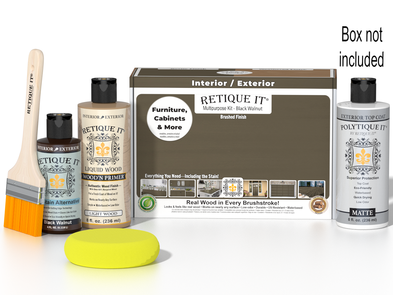 Retique It® black walnut multi-purpose wood finish kit with exterior top coat and applicator brushes, designed for wood finishing.