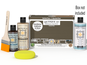 Retique It® Multi-purpose Smooth Finish Kit in Black Walnut for interior wood projects, includes top coat and accessories.