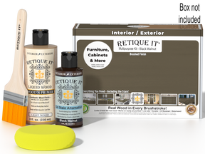 Retique It® Black Walnut Multi-purpose Smooth Finish Kit with wood finishing tools and supplies in a box.