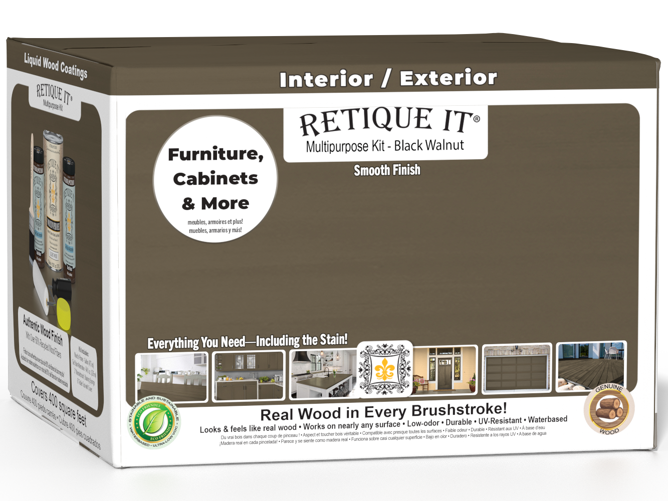 Retique It Black Walnut Multi-purpose Smooth Finish Kit with exterior top coat, matte black walnut wood finish, 4-piece set