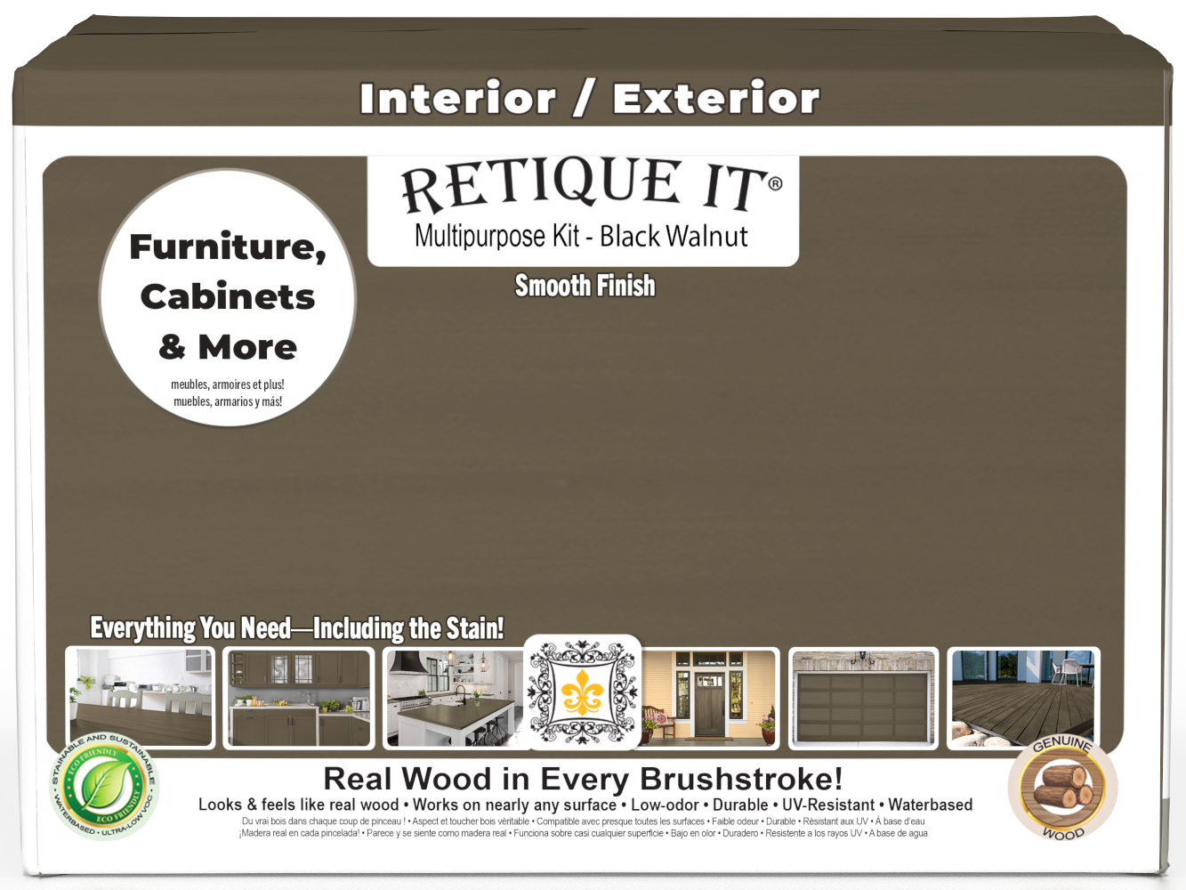 Retique It Multi-purpose Smooth Finish Kit in black walnut for exterior top coat, includes four large wood finishing products with matte finish.
