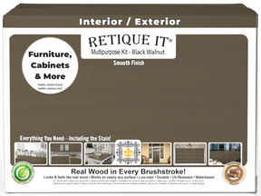 Retique It Multi-purpose Smooth Finish Kit in black walnut for exterior top coat, includes four large wood finishing products with matte finish.