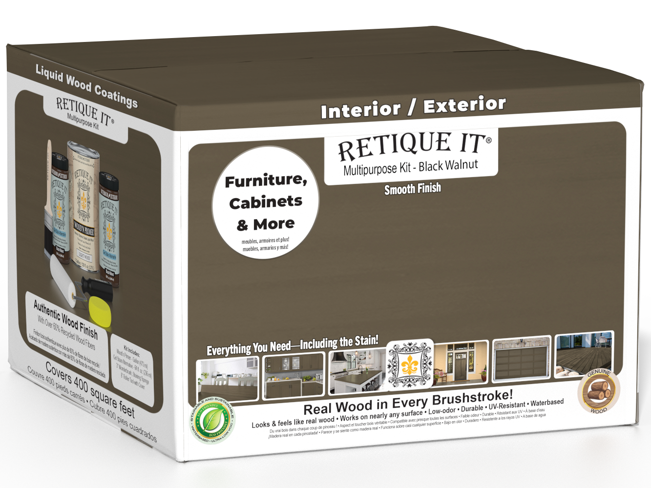 Retique It Multi-purpose Smooth Finish Kit in Black Walnut for exterior wood projects, includes four large top coat containers with matte finish.