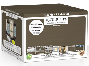 Retique It Multi-purpose Smooth Finish Kit in Black Walnut for exterior wood projects, includes four large top coat containers with matte finish.