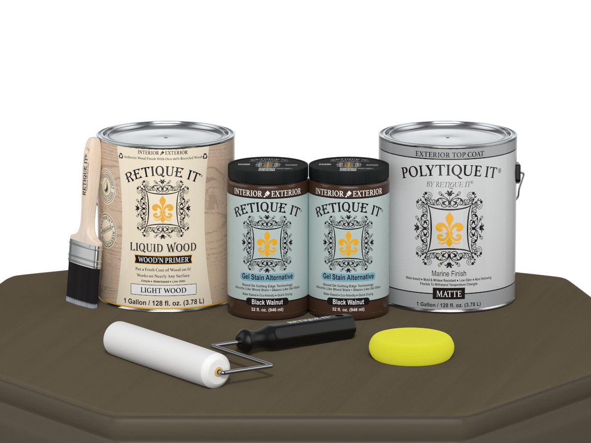 Retique It® Black Walnut Multi-purpose Smooth Finish Kit with four large exterior top coat bottles on a wooden table.