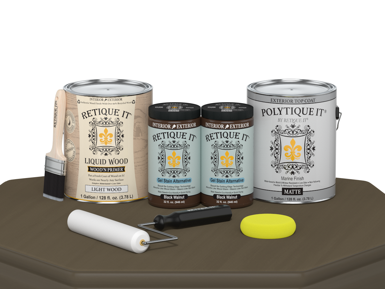 Retique It Black Walnut Multi-purpose Smooth Finish Kit with four large exterior top coat bottles on a wooden table.