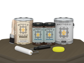 Retique It Black Walnut Multi-purpose Smooth Finish Kit with four large exterior top coat bottles on a wooden table.