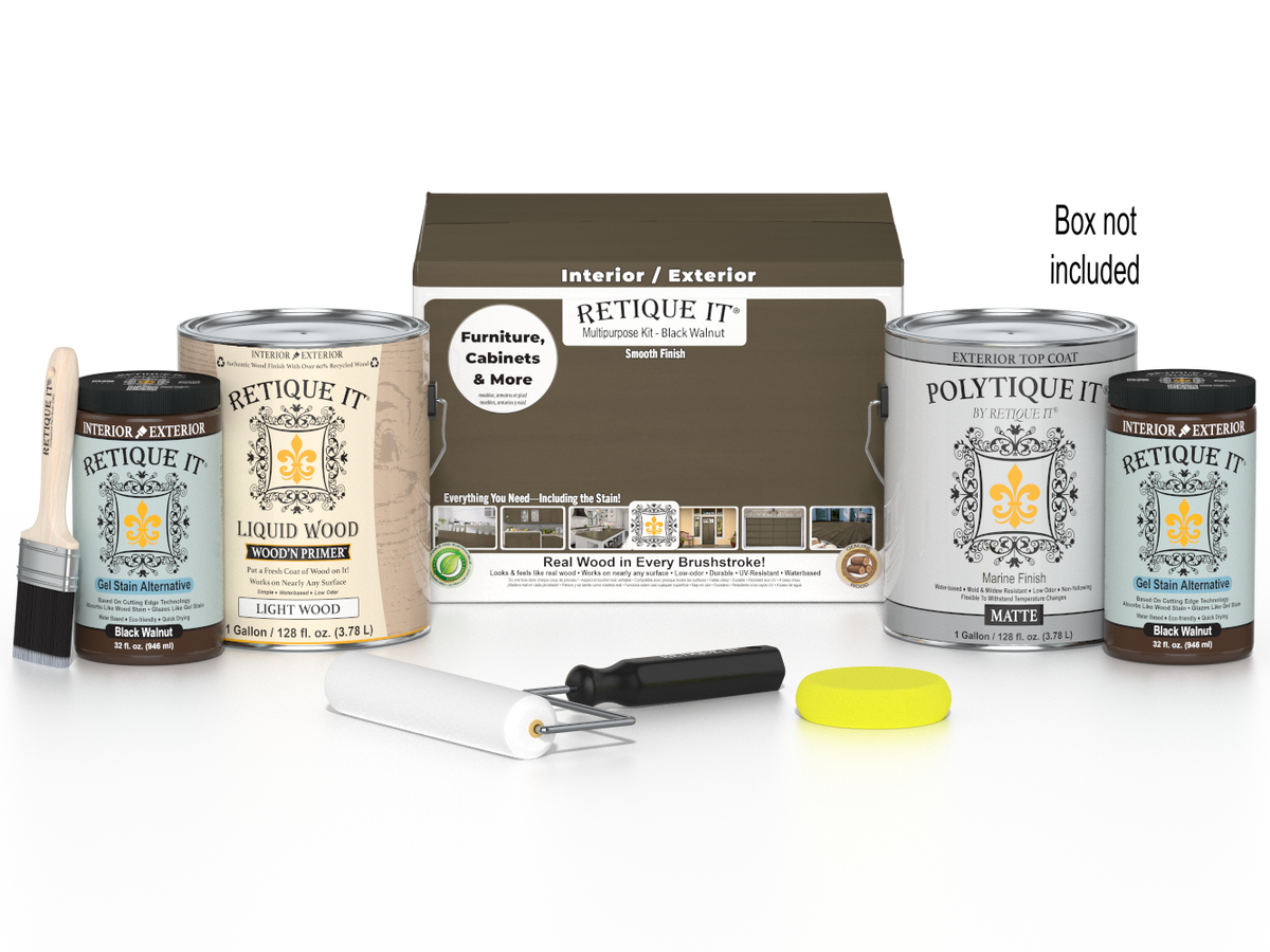 Retique It® Black Walnut multi-purpose smooth finish kit with four large exterior top coat bottles and application tools.