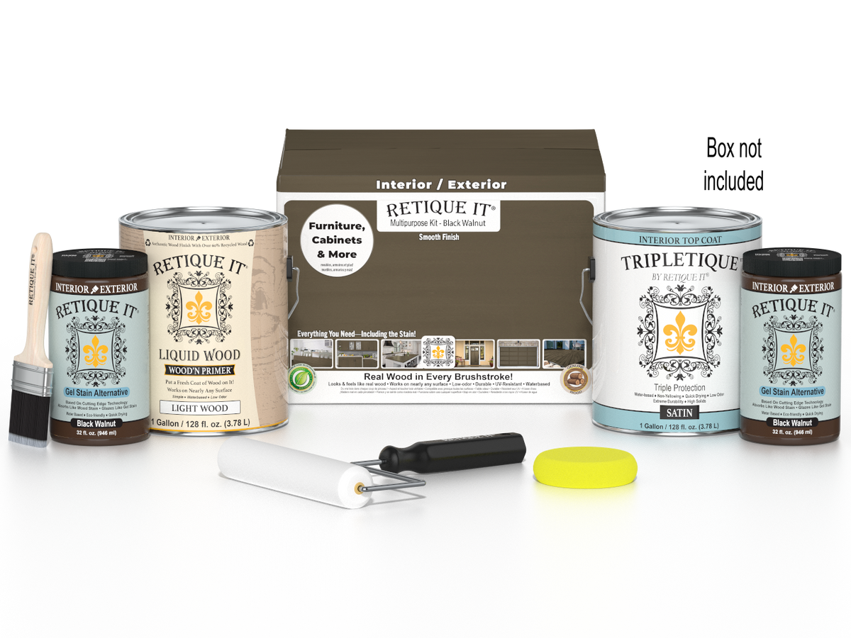 Retique It Black Walnut Multi-purpose Smooth Finish Kit for interior wood projects, featuring four large top coat containers.