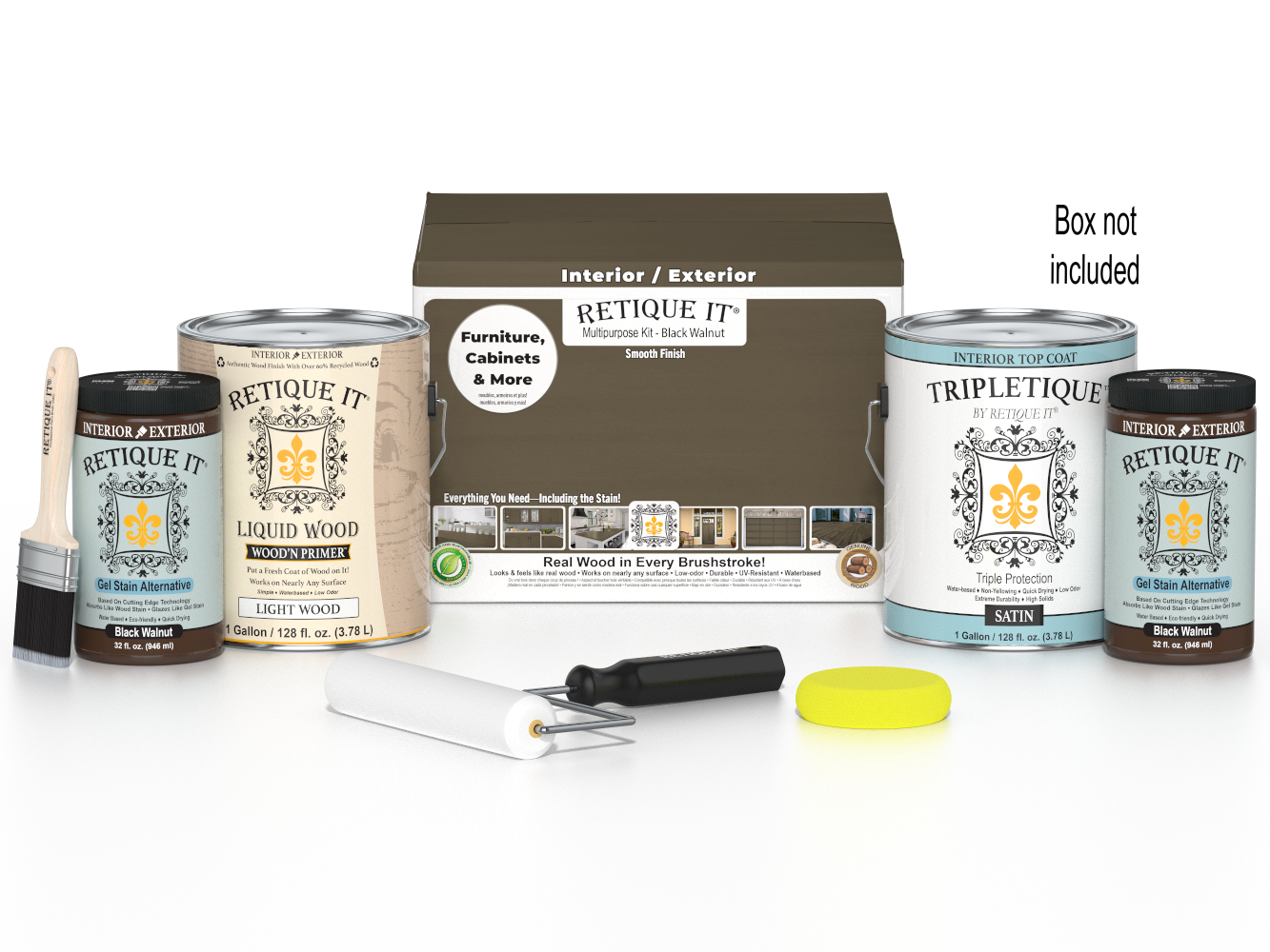 Retique It® Black Walnut Multi-purpose Smooth Finish Kit for interior wood projects, featuring four large top coat containers.