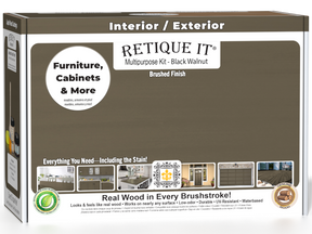 Black Walnut Multi-purpose Smooth Finish Kit (Med) by Retique It® for wood finishing, shown in the box with tools and product components.