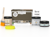 Retique It Multi-purpose Smooth Finish Kit in Black Walnut for exterior wood projects, includes top coat and application tools.