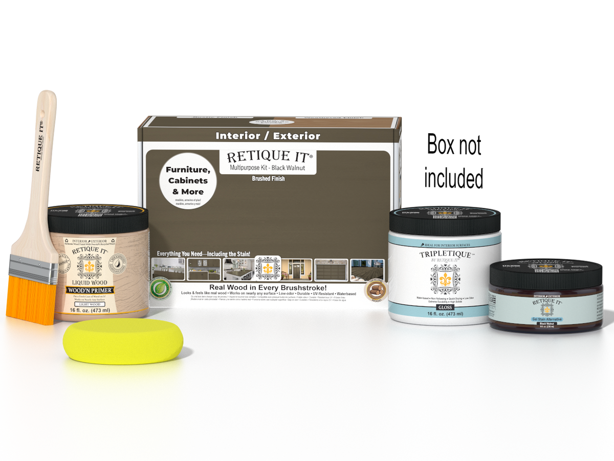 Retique It Multi-purpose Smooth Finish Kit in Black Walnut for interior top coat with gloss, featuring wood finish and application tools.