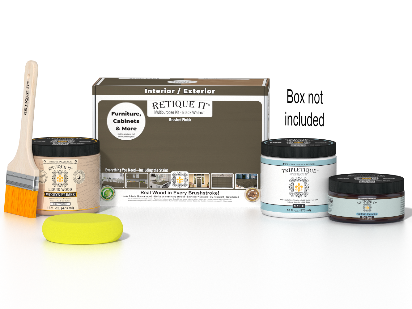 Retique It® Multi-purpose Smooth Finish Kit in Black Walnut for interior wood projects, includes top coat and application tools.