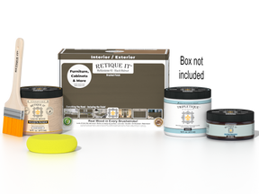 Retique It® Black Walnut Multi-purpose Smooth Finish Kit for interior wood projects, includes top coat and tools in a box.
