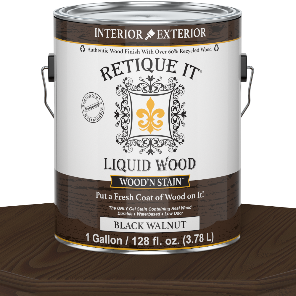 Retique It® Liquid Wood Wood'n Stain in Black Walnut color, 128 oz bottle, showcasing the rich, dark stain for wood finishing.