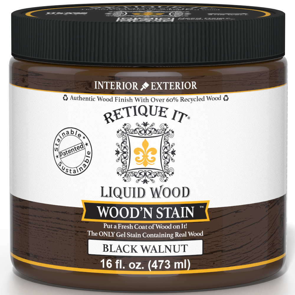Retique It® Liquid Wood Wood'n Stain in Black Walnut, 16 oz bottle, showing the dark wood stain application on a surface.