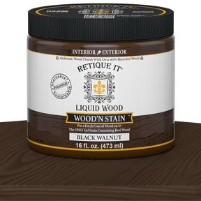 Liquid Wood Wood'n Stain in Black Walnut by Retique It®, 16 oz bottle, showcasing the rich, dark stain color and wood grain application.