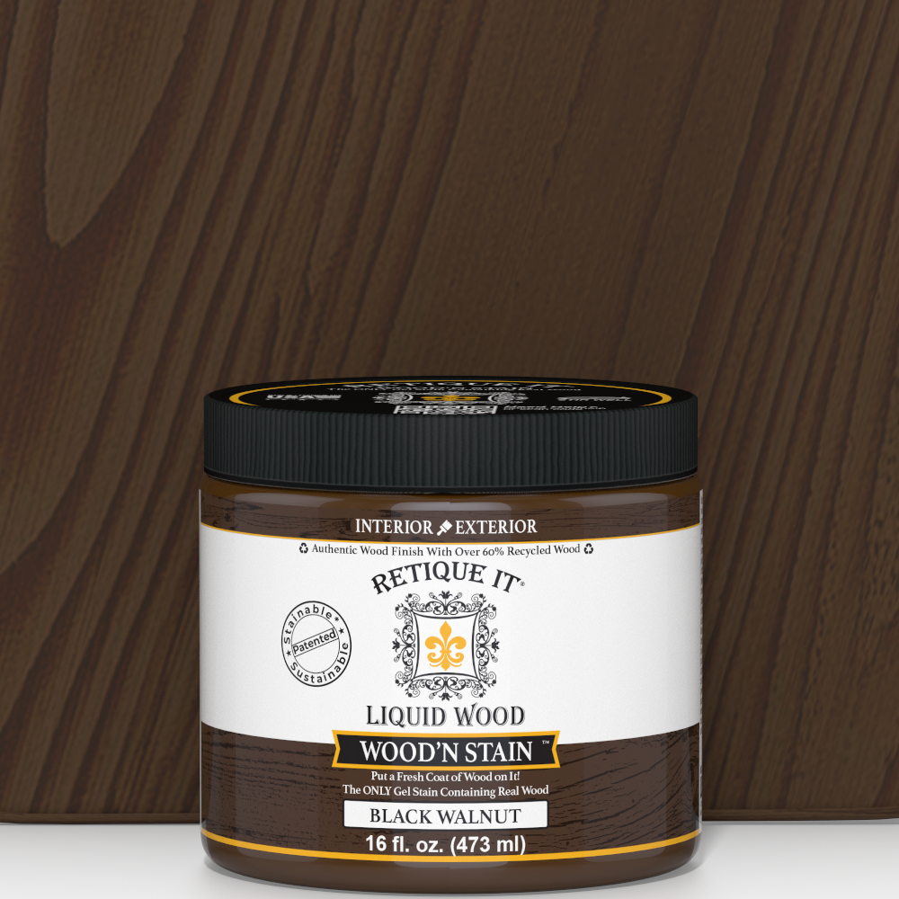 Retique It® Liquid Wood Wood'n Stain in Black Walnut, 16 oz bottle, showcasing the dark wood stain product for furniture and crafts.