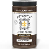 Retique It® Liquid Wood Wood'n Stain in Black Walnut, 32 oz bottle, showcasing the rich, dark stain color and packaging.