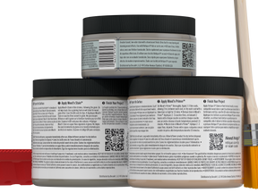 Retique It® Wood'n Finish Kit in Weathered Wood, medium size, showing application tools and weathered wood textured finish.